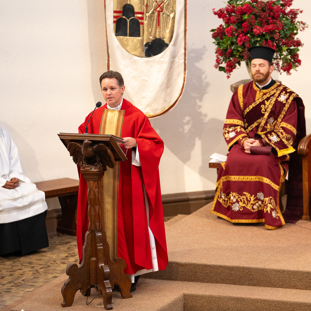 Very Reverend Jeff Eirvin speaks at the Mass of the Holy Spirit at Mount Angel Abbey after his installation as president-rector.