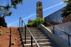 Steps from the lower lobby and parking level go up to the main Hilltop campus.