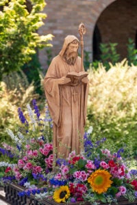 This statue of St. Benedict is decorated and ready for the procession at the end of the St Benedict Festival 2024